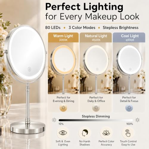 Image of DEIOVWXS Makeup Mirror, Rechargeable Vanity Mirror with 3 Lights, 1X /10X