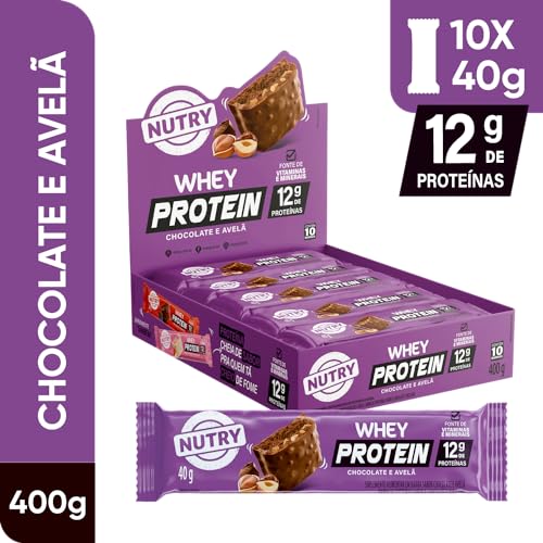 Nutry Barra De Proteínas Whey Chocolate E Avelã 40G - Display Com 10 Unidades - Com Vitaminas E Mine