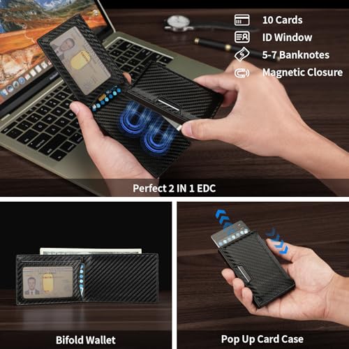 BAIGIO Airtag Wallet for Men, 2 IN 1 Detachable MagSafe Minimalist Wallet, Magnetic Pop Up Card Holder, RFID Blocking Smart Bifold Wallets for 10 Cards & Cash with ID Window, Mens Gift, Carbon Fiber2