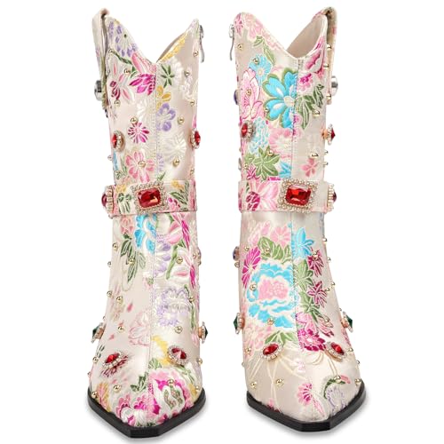 Image of LOCERICH Women Rhinestone Cowboy Sparkly Cowgirl Boots Diamond Western Floral Embroidery Mid Calf Booties