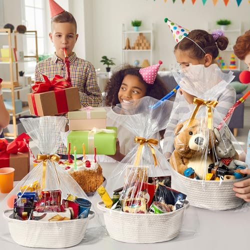 8 Pack Small Woven Basket with Gift Bags and Ribbons, All 12\"x 8\"x 5\", Empty Decorative Gift Chest Box, Cute Baby Gift Basket for Nursery, Cotton Rope Room Shelf Storage Basket with Handles, White - Thumbnail 2