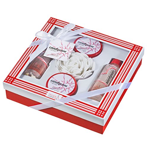 Bath and Body Gift Set in Relaxing Candycane Peppermint Aromatherapy Fragrance by Freida and Joe, Includes a Shower Gel, Bubble Bath, Body Lotion, and Body Butter