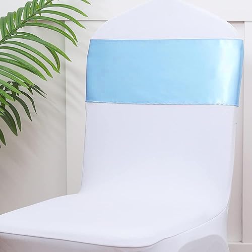 Vista 3 de Paquete de 50 bandas de satén para sillas de color azul bebé, lazos para sillas de boda, revelación de género, baby shower, fiesta, decoración