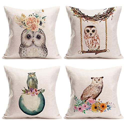 Doitely Home Decor 4Pcs Lovely Animals Decorative Throw Pillow Covers Cute Owl With Flower Pillow Covers Cotton Linen Square Cushion Case For Sofa Couch, 18 X 18 Inch #TOP17