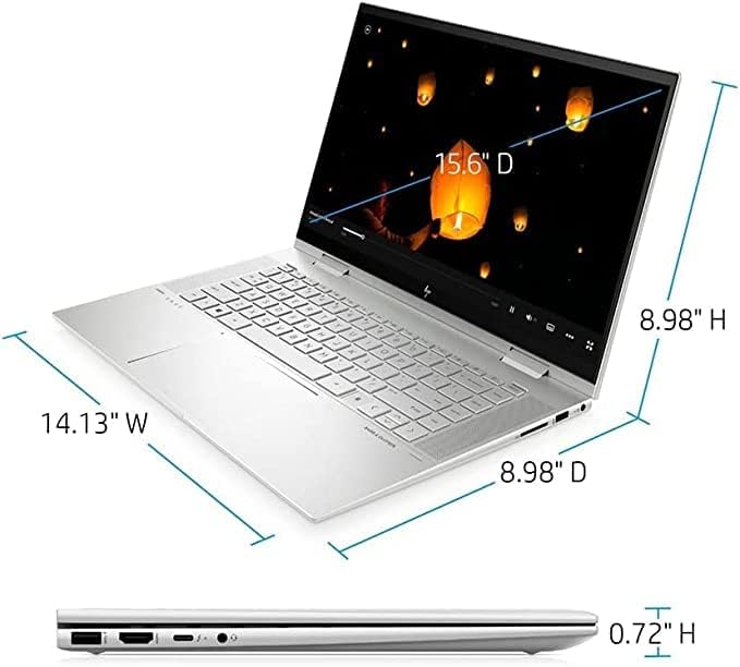 Diagram showing the dimensions of the HP Envy x360 laptop: 14.13 inches width, 8.98 inches depth, and 0.72 inches height.