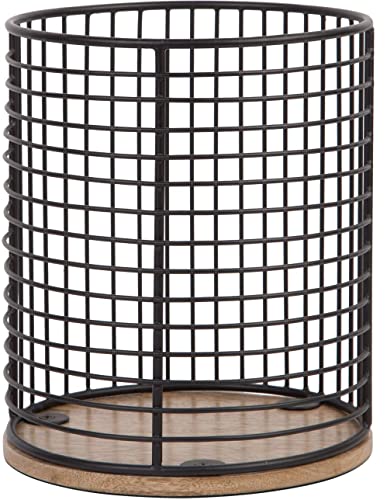 Mosjos Extra Large Black Utensil Holder With Spacious Wooden Base - Farmhouse Utensil Storage - Classic Round Wire Crock Kitchen Countertop Organizer - 7.2” X 6.2” X 6.2” Cooking Utensil Holder #TOP6