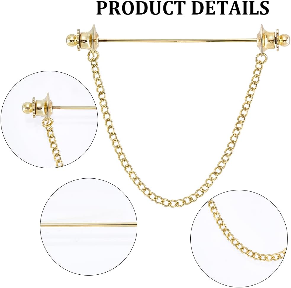 2Pcs 2 Colors Chain Lapel Pin Silver Tassel Brooch Gold Collar Tie Bars Classic Metal Brass Ball Head Shirt Bar Collars Clips Clasp Stick Set for Men Wedding Business Formal Wear Dress Shirt