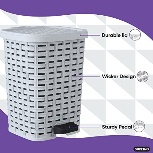 Image of Superio Small Outdoor Trash Can with Lid for Dog Poop 1.5 Gallon /6 L Mini Plastic Garbage Can with Foot Pedal for Bathroom, Bedroom, Office, Patio, Wicker Smoke