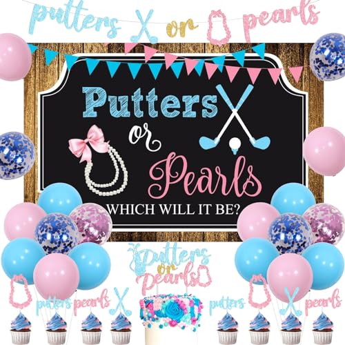 Kreat4Joy Golf Gender Reveal Decorations, Putters Or Pearls Gender Reveal Decoration Backdrop Banner Glitter Cake Cupcake Topper Pink Blue Balloon For He Or She Baby Shower Party