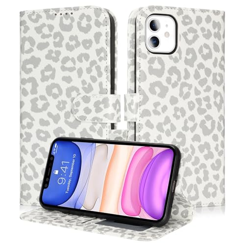 Image of for iPhone 11 Case Wallet with Card Holder,for iPhone 11 Wallet Case for Women Men,PU Leather Shockproof Magnetic Buckle Stand Flip Phone Case-White Leopard