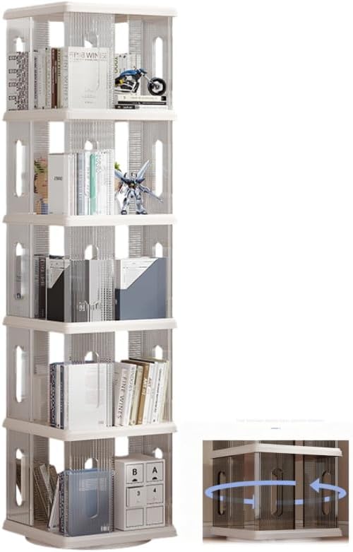 360-degree rotating bookshelf, five-tier small transparent corner bookshelf, suitable for living room, bedroom, office, document organization, rotating display, compact bookshelf