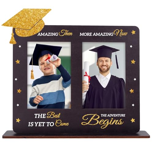 Image of FLYAB 2025 Graduation Picture Frame - Then and Now Photoframe Graduation Gifts for High School College Graduates for Women and Men Wooden Tabletop Home Decoration