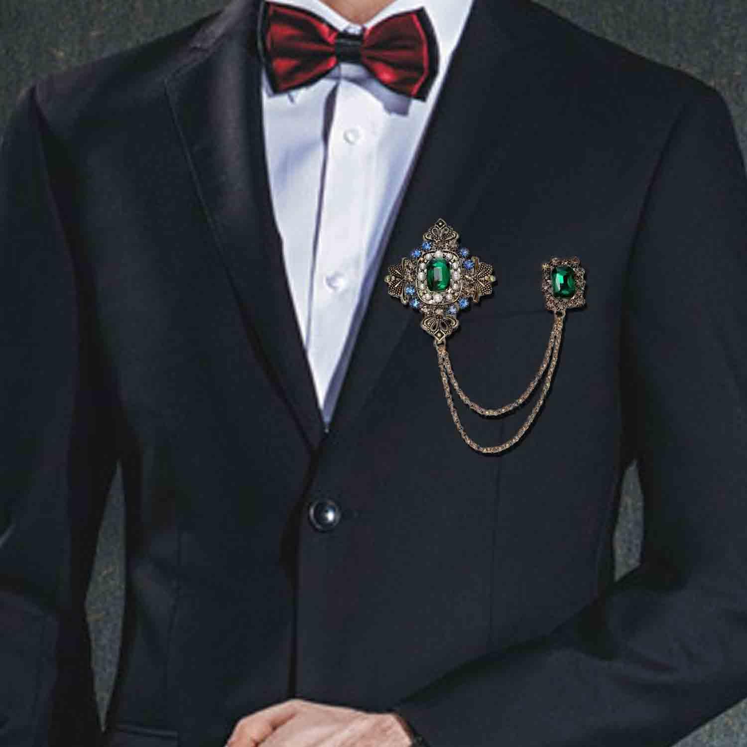 Retro Gold Plated Chain Green Crystal Brooches Collar Pins Crystal Rhinestone With Hanging Chain Suit Shirt Lapel Brooch Pin Fashion Jewelry for Men Boy (Green Rectangle)
