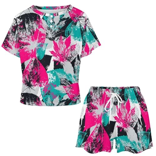 Pyjama pour femme manches courtes fleurs feuilles sleepwear été confortable