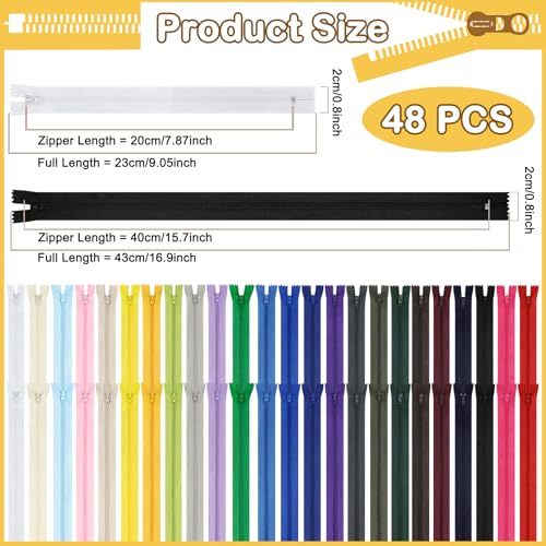 Image of Zippers for Sewing, DOITEM Nylon Coil Zippers, 48 pcs 20 cm /8 Inch and 40 cm /16 Inch Multicolor Nylon Coil Zips for Sewing and Crafts 24 Colors