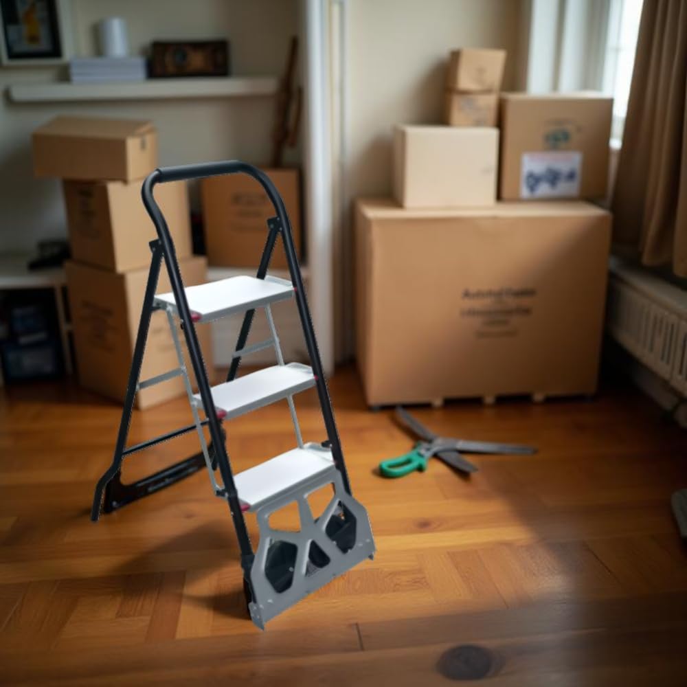 Scala-Carrello 2 in 1 - Pieghevole, 3 Gradini, Telaio di Acciaio, Ruote Pneumatiche, Portatutto, Design Anti-Scivolo, Resistente - Portata Massima 70kg