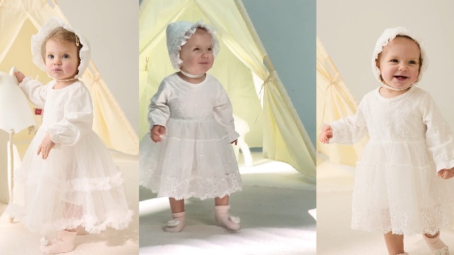 bebe little white dress Cotton Baby Dress, Ruffle Sleeves, Back Bow, Wedding lining 100% cotton TENTIDE Newborn Baby Girl Christening