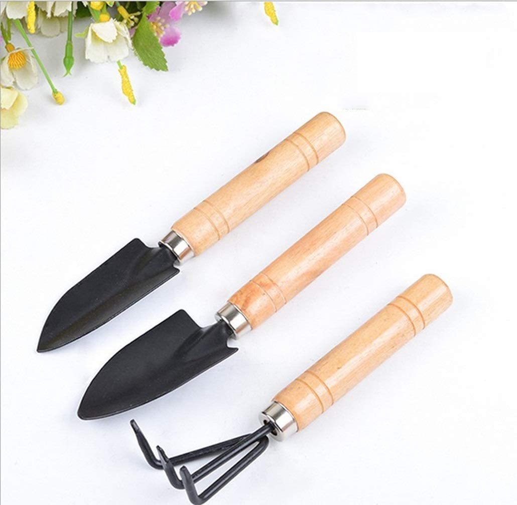 "GreenThumb Essentials: 3-Piece Mini Gardening Tool Set for House Plants and Flowers - Compact Wooden Handles, Shovel, Hand Trowel, and Rake"