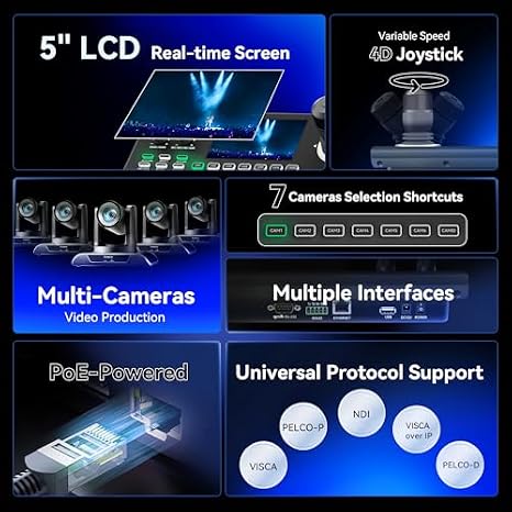 Tenveo PTZ Camera and Controller Bundle/Kits - 20X AI Auto Tracking HDMI/USB3.0/LAN(PoE) NDI PTZ Camera and 5'' LCD Screen NDI Joystick Controller for Church Service Events Live Streaming