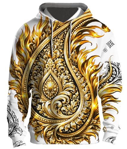 Famigani Black Gold Flame Paisley Luxury Pullover Hoodie Men Women