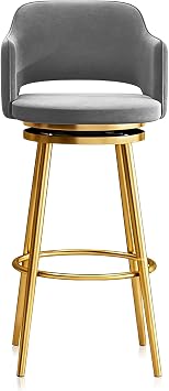 Velvet Bar Stools Set of 1/2/3/4, Swivel Thick Padded Barstools, Metal Legs, Counter Chair with Backs and Footrest for Breakfast Home Kitchen1 PCS Grey 65cm,Gold