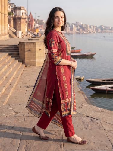 Image of INDO ERA Women's Pure Cotton Abstract Printed Mirror Work Kurta & Pant with Dupatta Set (IEAI13205)|Cotton Suits For Women With Dupatta