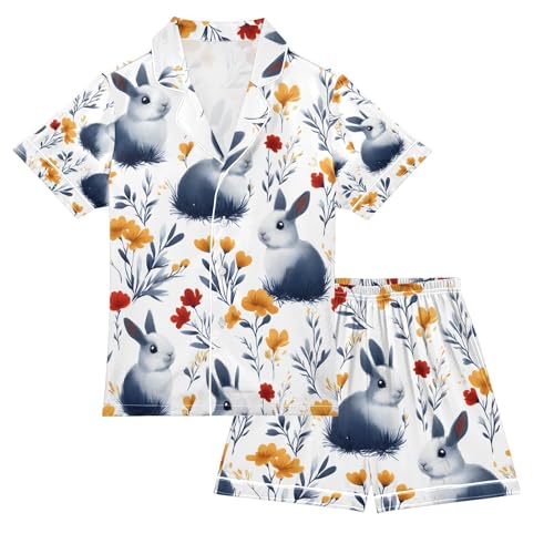 senya Blue White Rabbit O Satin Summer Pajama Sets Silk Short Sleeve Button Down Sleepwear