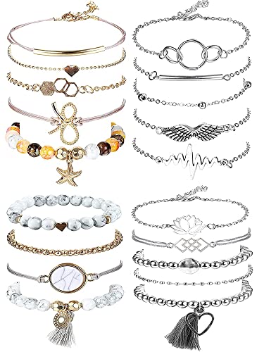 JeweBella 19PCS Bohemia Bracelet Set pour Femme Fille Réglable Manchette Layered Multi Bracelet Pendentif Forme Ronde Perles ​et Pompon Elastique Bracelet Cadeau Bijoux