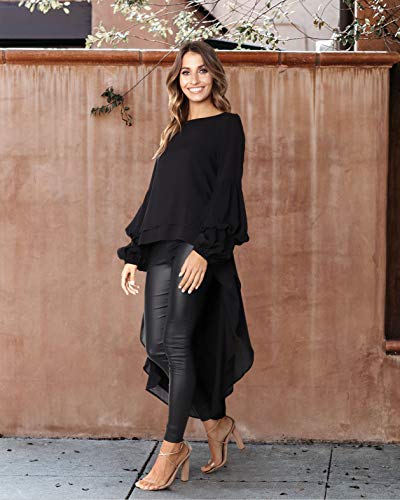 Prettygarden Women's Lantern Long Sleeve Round Neck High Low Asymmetrical Irregular Hem Casual Tops Blouse Shirt Dress (Black,Medium) #TOP3