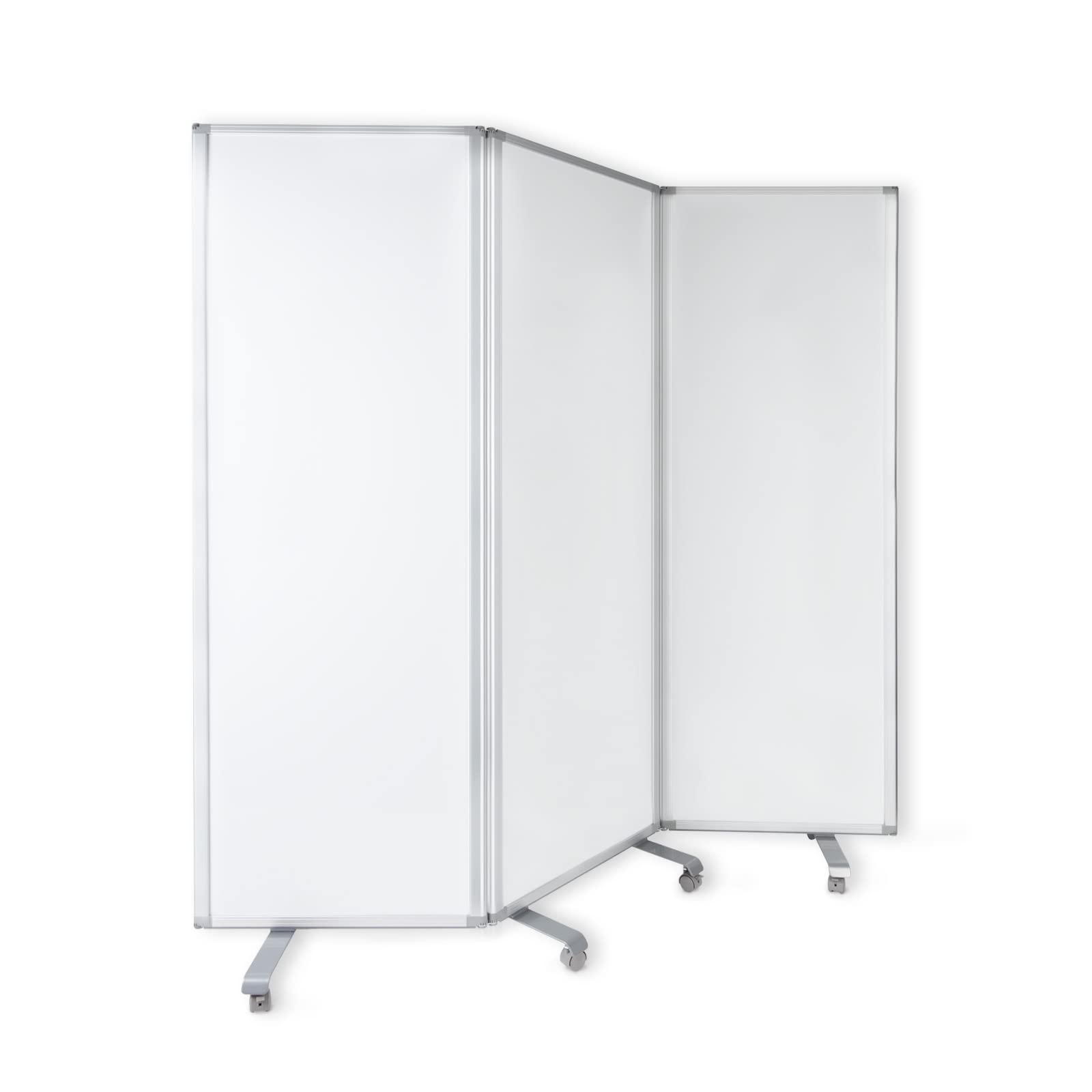 Vilten presentatiewand met aluminium frame | scheidingswand/prikbord/ruimteverdeler met 8 vergrendelbare zwenkwielen | 3-delig, dubbelzijdig, inklapbaar | 180 x 35 x 180 cm | grijs