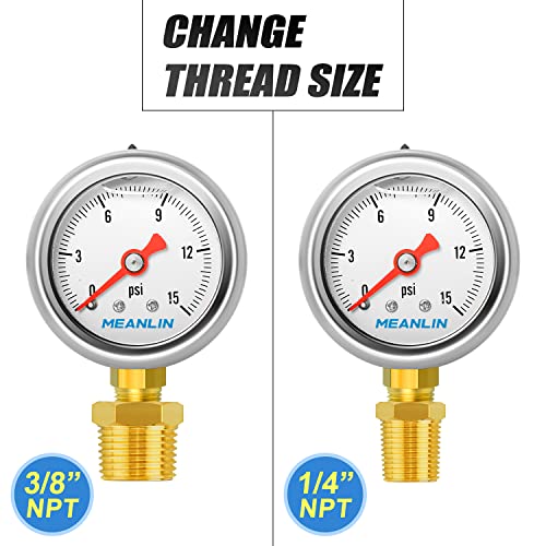 Meanlin Measure 0~15Psi Stainless Steel 1/8" Npt 1.5" Face Dial, Glycerin Filled Fuel Pressure Gauge, Liquid Filled, Water Oil Gas, Lower Mount, With 1/8" X 1/4" Npt And 1/8" X 3/8" Npt Hex Bushing #TOP3