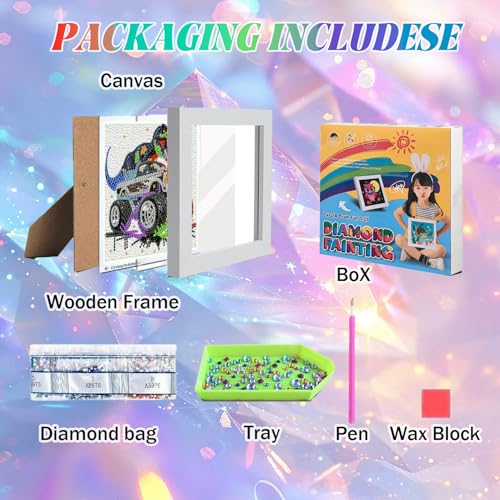 WEMEON Dinosau Diamond Art Kits for Kids with Frame, Diamond Art Painting Kits Ages 6-8-12, Gem Art for Kids, Art and Crafts for Girls Boys Gift (7x7inch) - Image 2