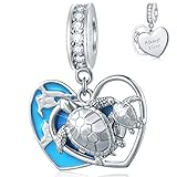 Mom and Child Turtles Charms on Blue Ocean Dangle fits Pandora First Mothers Day Bracelet, 925 Sterling Silver Sea Tortoise Pendant Double Heart Always There Beads, Gifts for Mama/Child/Army Mom