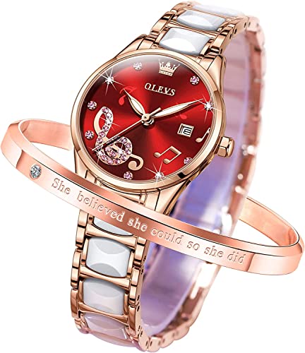 Image of OLEVS Women's Wristwatch, Fashionable, Easy to Read Japanese Movement, Popular, Cute, Date, Luminous, Waterproof, Valentine's Day Gift, Music Notes: Red-3605, Bracelet Type