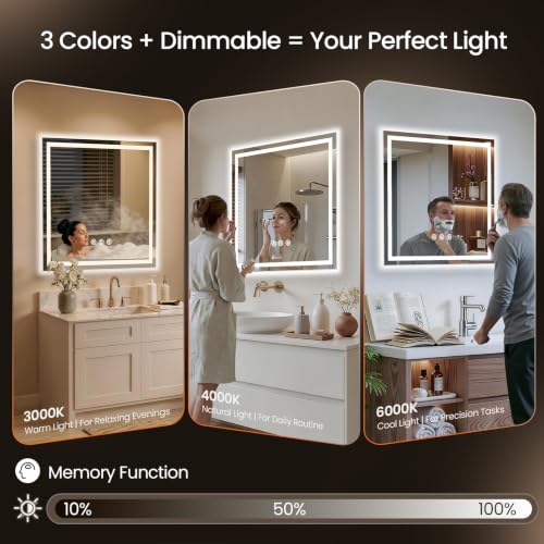 Image of 48x48 LED Bathroom Mirror with Anti-Fog, Backlit & Front Lit, Memory | Stepless Dimmable 3 Color CRI 95+ Shatterproof Tempered Glass ETL Listed for Safety Lighted Bathroom Vanity Mirror for Wall