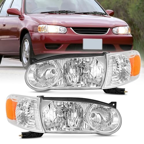 Image of Nilight Headlight Assembly Compatible with 2001 2002 Toyota Corolla Replacement Headlamp Chrome Housing Amber Reflector Driver and Passenger Side