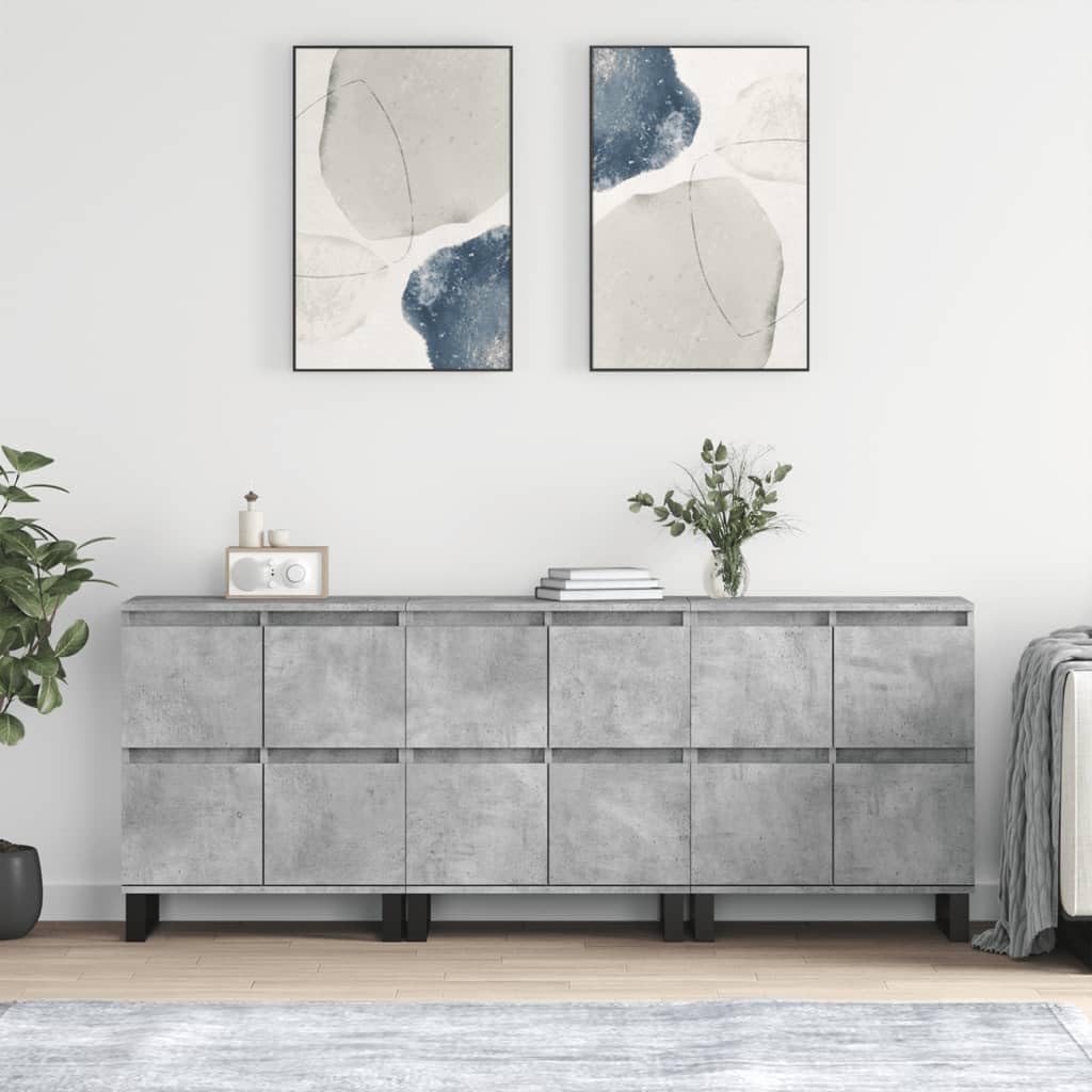 Kredensy, 3 sztuki, kolor szary betonowy, materiał drewnopochodny z metalowymi uchwytami, 180 x 35 x 70 cm, do salonu, szafy, korytarza, do salonu i sypialni, z dużą ilością miejsca do