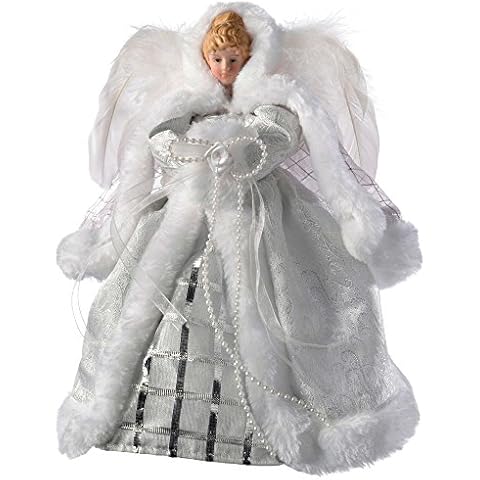 WeRChristmas Angel Christmas Tree Topper with Feather Wings, 26 cm - White/Silver Cover
