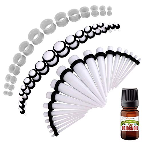 BodyJ4You 50PC Gauges Kit Ear Stretch Aftercare Jojoba Oil Wax 14G-12MM White Tunnel Plug Taper Set