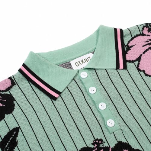OXKNIT Camisa Polo de Algodón para Hombre Manga Corta Estilo Retro con Estampado Floral Rosa y Rayas Verdes con Cuello y Botones miniatura 4