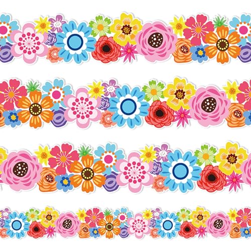 Whaline 32.8ft Spring Wildflowers Bulletin Board Borders Colorful Flower Die-Cut Rolled Border Trim for Classroom Office Chalkboard Decoration