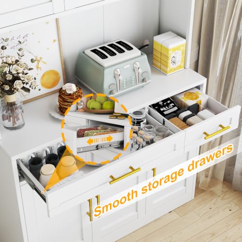 Image of 71 Sideboard Buffet Cabinet, Metal Kitchen Coffee Bar Cabinet White | Pantry Sideboard Storage, Coffee Bar Table Console with Cable Hole, Drawers, Adjustable Shelves for Kitchen, Living Room
