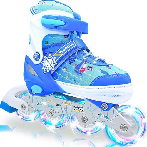 Inline Skates for Kids and Adults Adjustable Size Roller Skates with Flashing Wheels Single Row Skate Shoes Roller Blades for Children Teens Youth Beginner Sport Skating (inline-blue S)