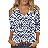 Womens 3/4 Sleeve Cold Shoulder Tops V Neck Vintage Floral Shirts Casual Shirts Dressy Blouse Trendy Tshirts Cute Tees A-Blue