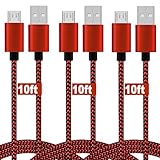 Micro USB Cable, 10ft 3 Pack Extra Long Charging Cord Nylon Braided High Speed Durable Fast Charging USB Charger Android Cable for Samsung Galaxy S7 Edge S6 S5,Android Phone,LG G4,HTC, Red