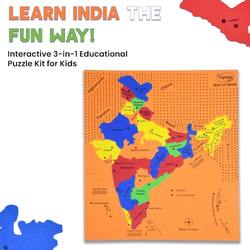 Image of Naksha India Map Puzzle & Flash Cards, 24 Pieces Jigsaw Puzzle, 36 State & Capital Cards and Quiz Tray, Educational Toy and Learning Aid for Boys and Girls, for Kids - 3+ Years