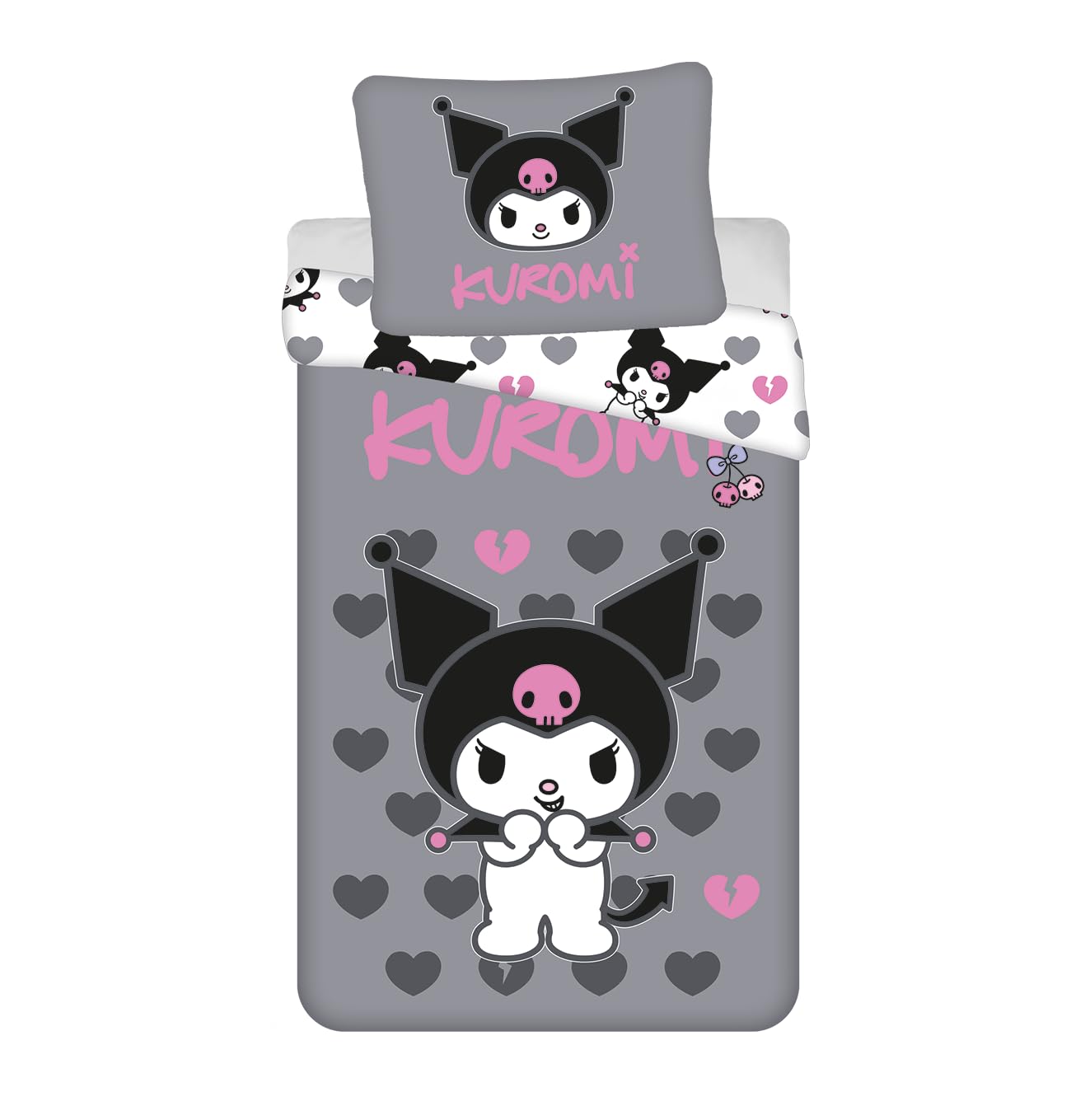 Kuromi Bettwäsche 135x200+80x80 – 100% Baumwolle – Grau & Pink | Wendebettwäsche | Hello Kitty | 135x200+80x80 cm | Mädchen | Offiziell lizenziert | Sanrio | Einzelbett