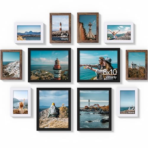 Image of Vittanly 12 Pack Picture Frames Collage Wall Decor for Mounting or Tabletop Display, Gallery Wall Frame Set for Family, Multi Sizes Including 4pcs 8x10, 4pcs 5x7, 4pcs 4x6, Black, Brown and White