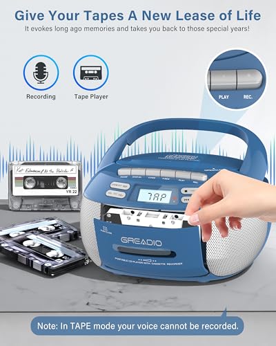 image for Greadio Boombox CD Player Cassette Player Combo, Boom Box Portable CD 