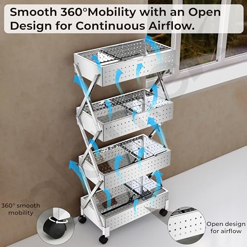 Image of Plantex 4-Tier Multipurpose Storage Trolley with Wheels /Rotating Kitchen Vegetable Rack /Stainless Steel Space Saving Organizer Basket Stand /Heavy Duty Rolling Utility Cart-(Chrome)